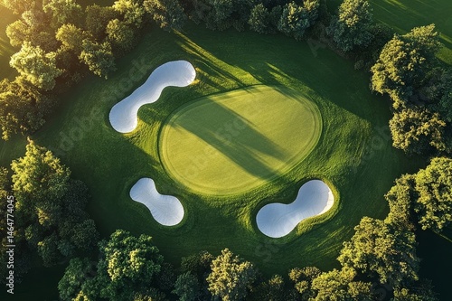 Stunning aerial view of a golf course with green grass and sand traps in the late afternoon sunlight