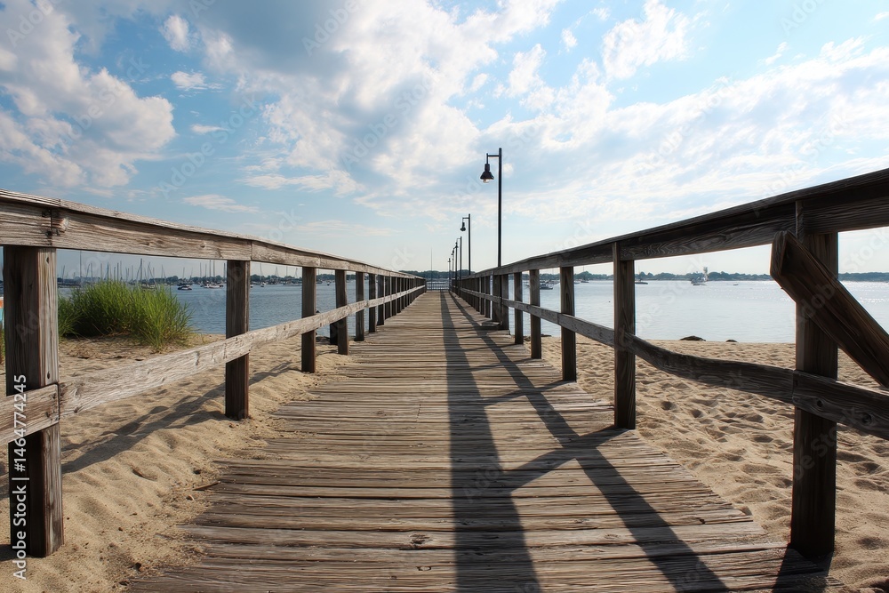 Idyllic Summer Scene on the Pier Boardwalk at Calf Pasture Beach in Norwalk, Connecticut Idyllic Summer Scene on the Pier Boardwalk at Calf Pasture Beach in Norwalk, Connecticut