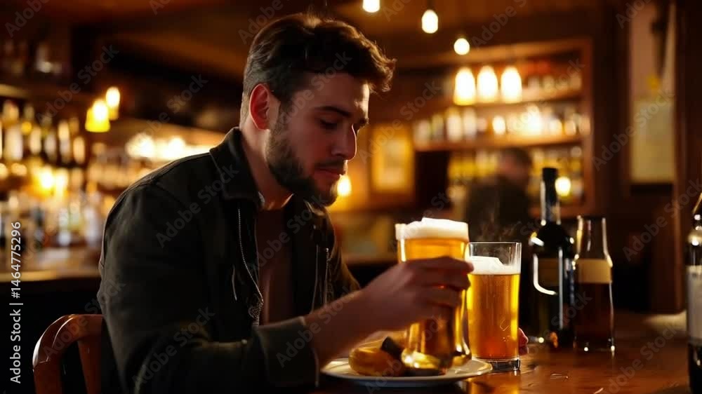 A Serene Evening in a Pub Capturing a Young Man Enjoying Beer and a Delicious Meal A Serene Evening in a Pub Capturing a Young Man Enjoying Beer and a Delicious Meal