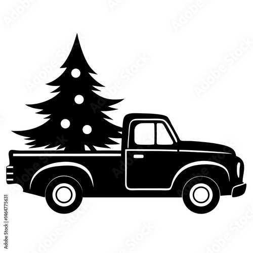 This vector illustration features a classic automobile, a pickup truck for transport, and a festive Christmas tree design