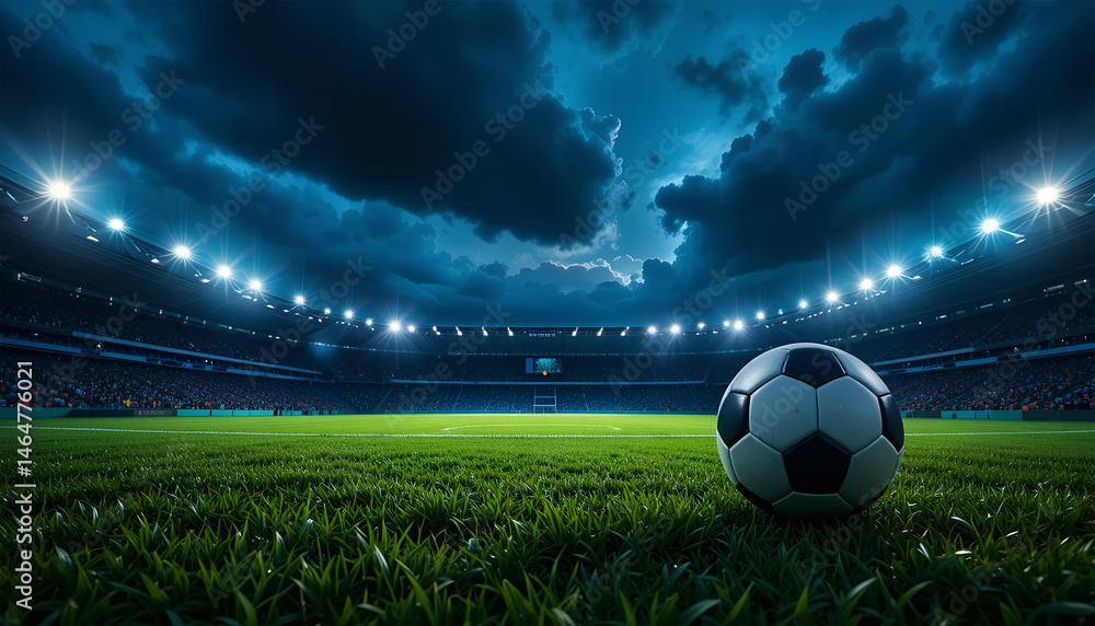 Obraz premium Night Football Stadium with Soccer Ball on Grass