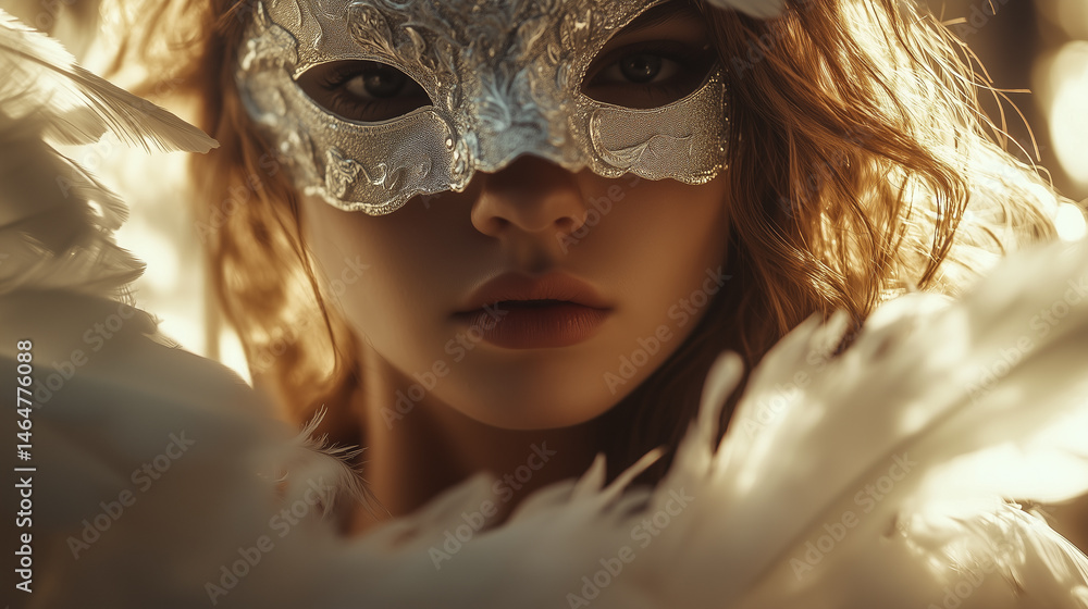 A woman in a silver mask with feathered costume, illuminated by warm light, creating a mysterious and elegant atmosphere. A woman in a silver mask with feathered costume, illuminated by warm light, creating a mysterious and elegant atmosphere.