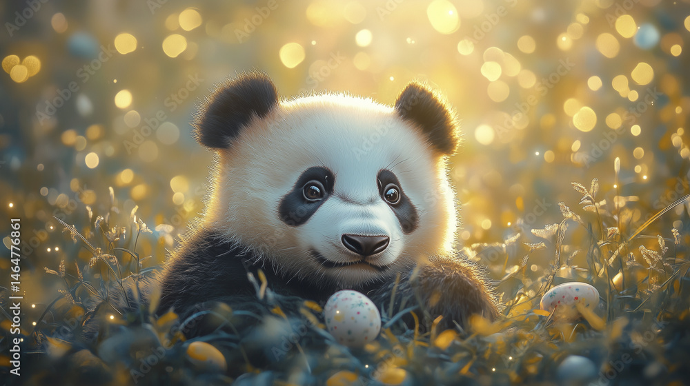 A small panda cub lies in the grass, surrounded by colorful eggs, with a soft, glowing background. A small panda cub lies in the grass, surrounded by colorful eggs, with a soft, glowing background.