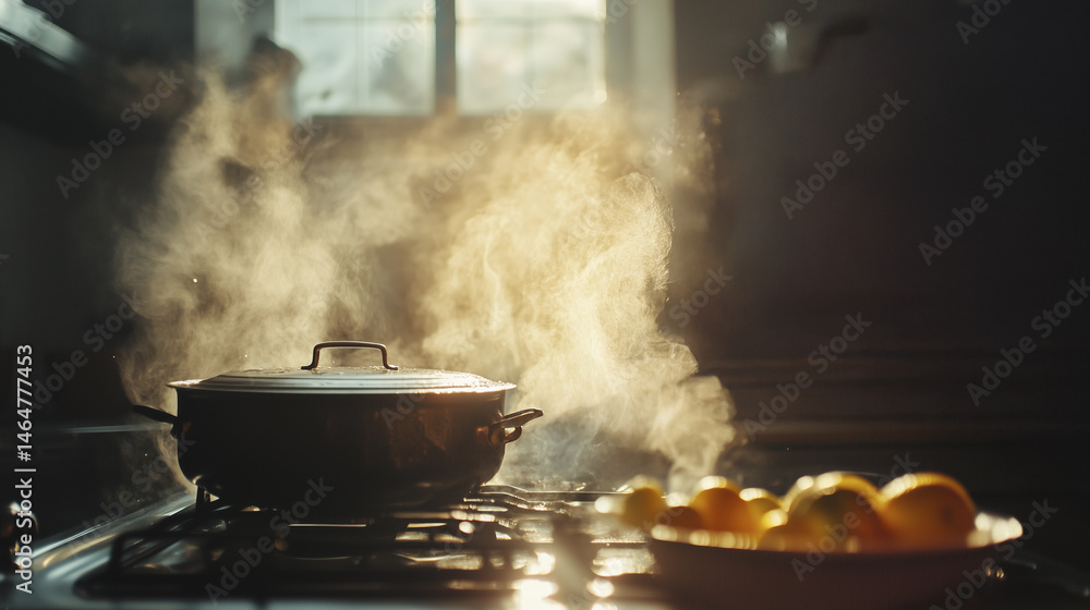 A pot of boiling liquid on a stove with steam rising, next to a bowl of oranges, in a dimly lit kitchen. A pot of boiling liquid on a stove with steam rising, next to a bowl of oranges, in a dimly lit kitchen.