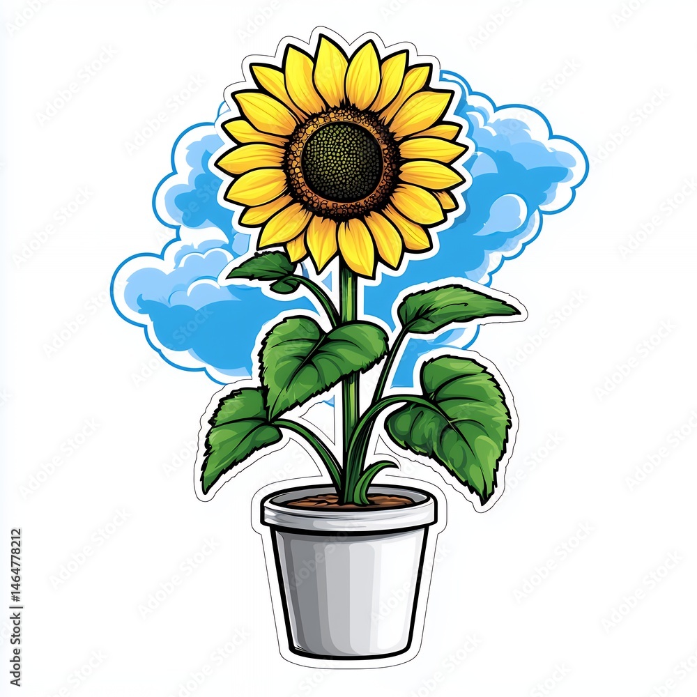 Obraz premium Vibrant Sunflower in Pot with Detailed Linework and Cheerful Colors Illustration