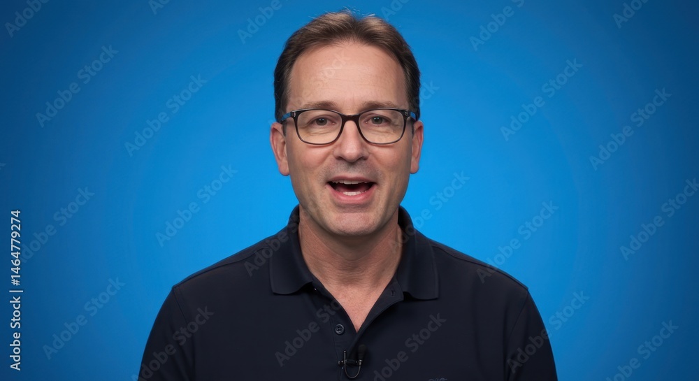 © Pawon.STD - Man wearing glasses and a polo shirt speaks against a blue background. © Pawon.STD - Man wearing glasses and a polo shirt speaks against a blue background.