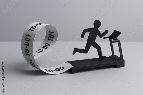 Paper with to do list and toxic tasks wraps around treadmill as person runs, symbolizing stress, overload and endless productivity loop