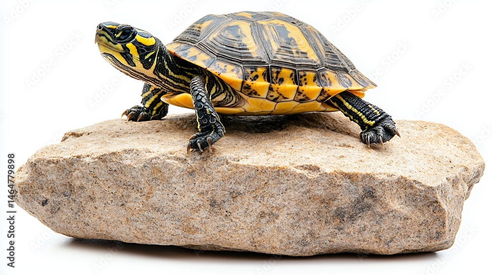 Obraz premium Vibrant Yellow Striped Turtle Perched on a Rock Isolated on White Background