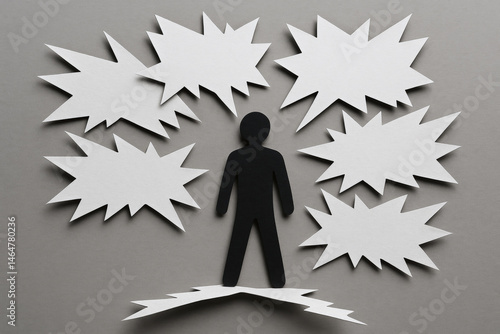 Paper cutout person surrounded by toxic speech bubbles symbolizing negative communication stress and emotional impact in conceptual style