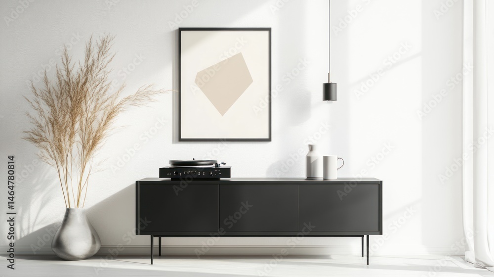 Fototapeta premium Minimalist living room, record player, artwork, sunlight, decor