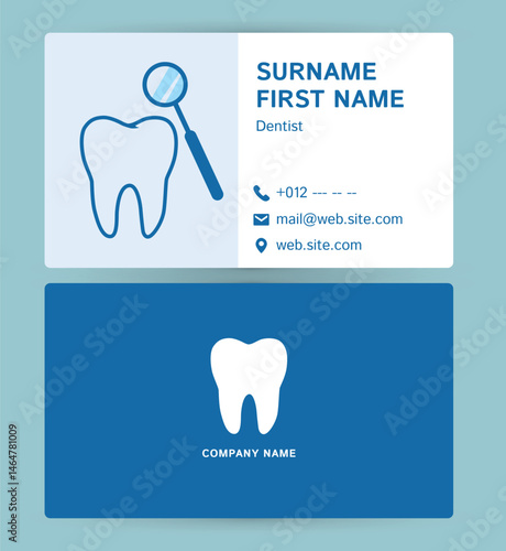Modern dentist business card design with tooth and magnifying glass icon.