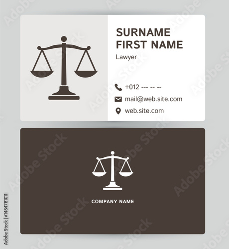 Minimal lawyer business card design with justice scale icon and professional layout.