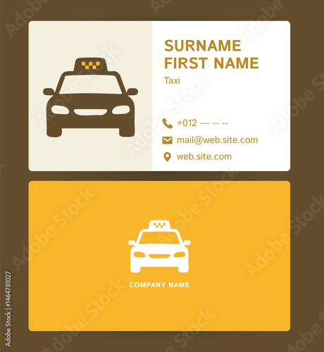 Modern taxi driver business card with yellow cab icon and professional layout.