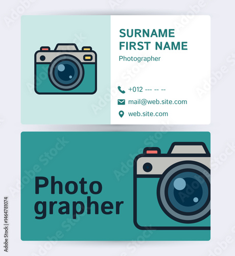 Modern photographer business card with teal background and retro camera icon.