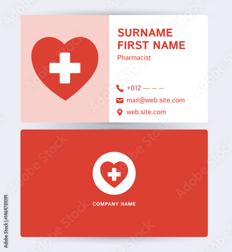 Minimalist pharmacist business card with red heart and white cross medical icon.
