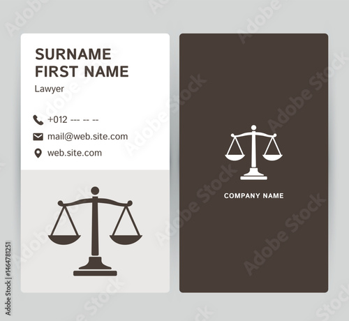 Minimal lawyer business card design with justice scale icon and professional layout.