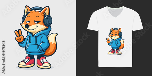A fun and playful cartoon design of a fox wearing headphones and a hoodie. Ideal for T-shirt