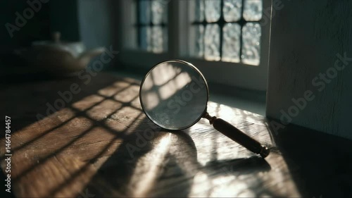 Front view of magnifying glass on table, bright natural light. v3