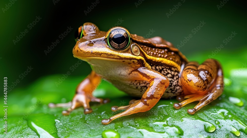A stunning macro shot of a vibrant frog perched on a dew-covered leaf, showcasing the intricate details of its texture and bright colors against a lush green background. A stunning macro shot of a vibrant frog perched on a dew-covered leaf, showcasing the intricate details of its texture and bright colors against a lush green background.