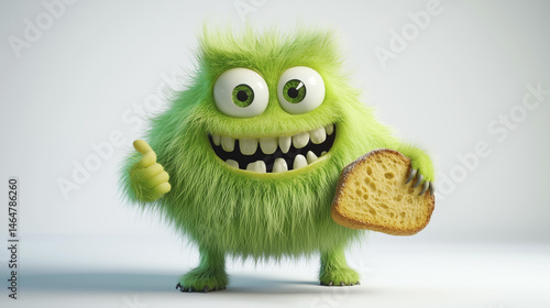 A green, furry monster with large eyes, a wide smile, and sharp teeth. It has three fingers on each hand and is holding a slice of bread.
