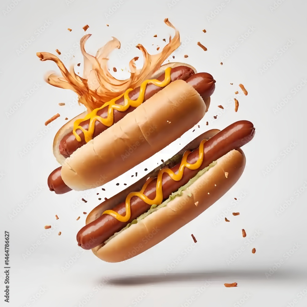 Delicious hot dogs with mustard floating in mid-air