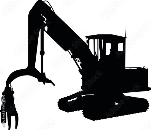 Silhouette of a tree cutting excavator machine