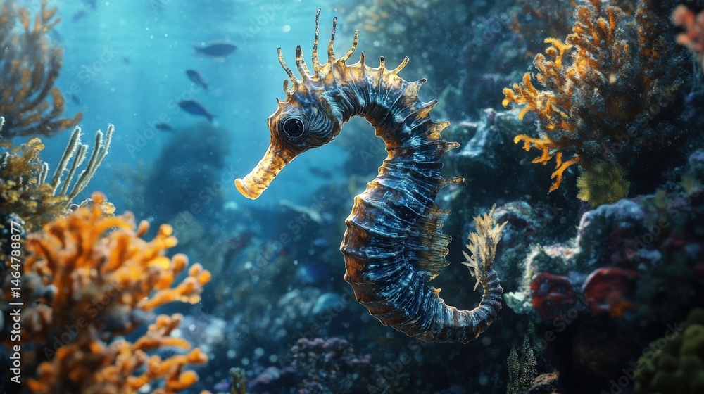 Underwater scene featuring a seahorse amongst vibrant coral. Underwater scene featuring a seahorse amongst vibrant coral.