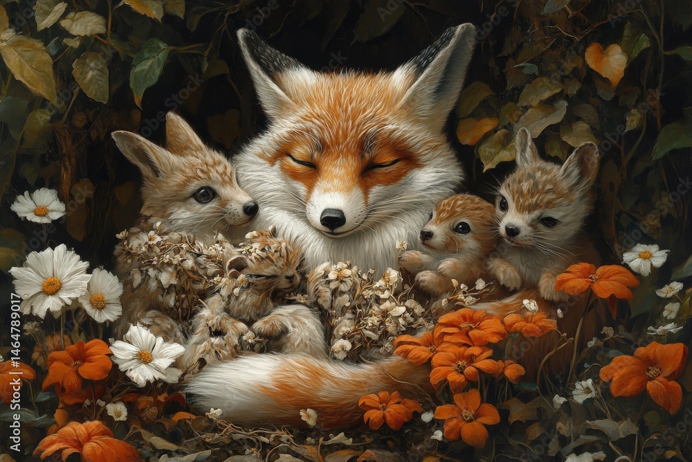 Fototapeta premium Surreal Illustration of a Family of Animals Bonding in a Tranquil Forest Setting During Golden Hour Moments of Joy