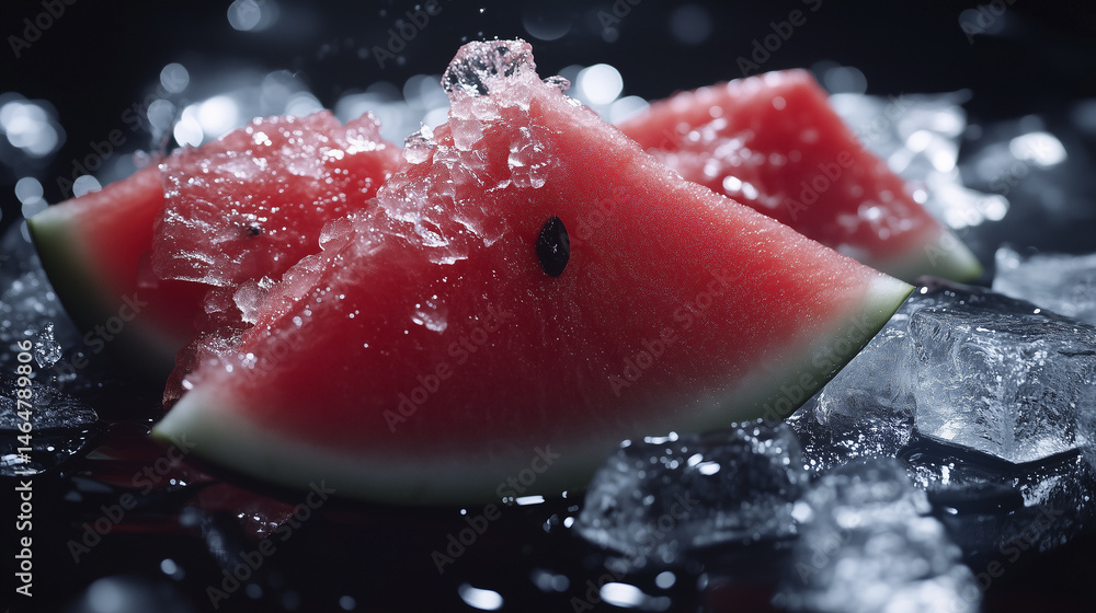 A close-up of watermelon slices on ice, with a visible seed and frosty texture. A close-up of watermelon slices on ice, with a visible seed and frosty texture.