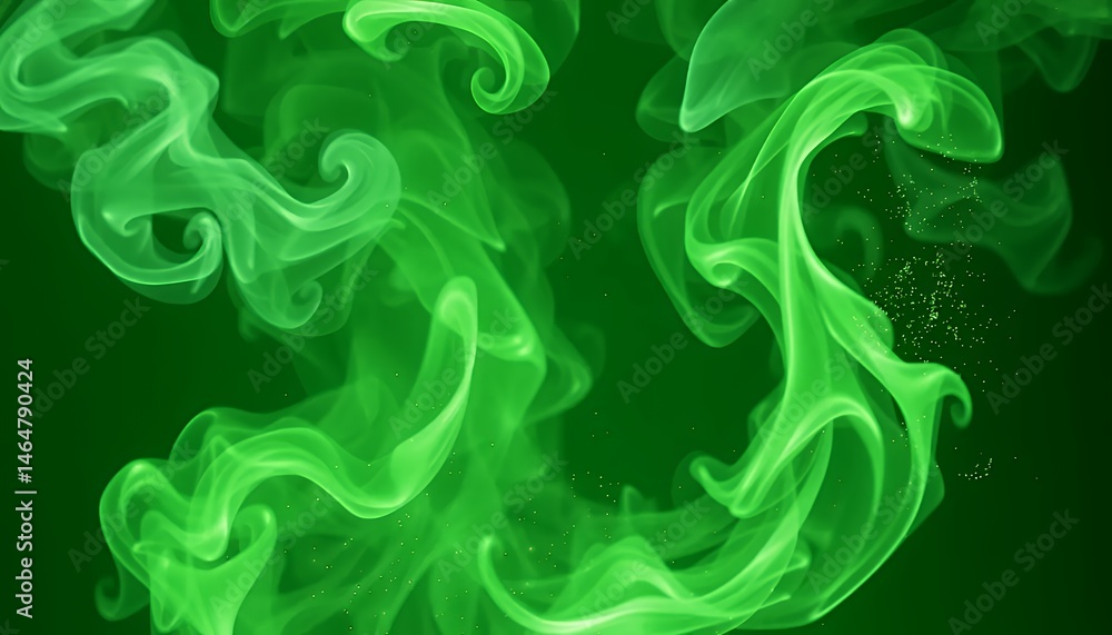 Fototapeta premium Luminous Swirling Vivid Green Smoke Trails with Golden Particles Isolated on Green Screen Background for VFX and Fantasy Elements