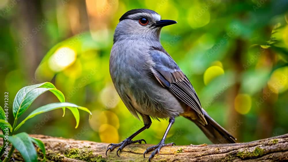 A small gray bird with a black cap and orange eyes perches on a branch in a forest. A small gray bird with a black cap and orange eyes perches on a branch in a forest.