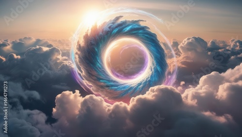 A magical glowing astral portal opens high above the clouds, radiating ethereal colors. Perfect for fantasy, sci-fi, mystical, surreal, and dreamscape themed creative projects.
