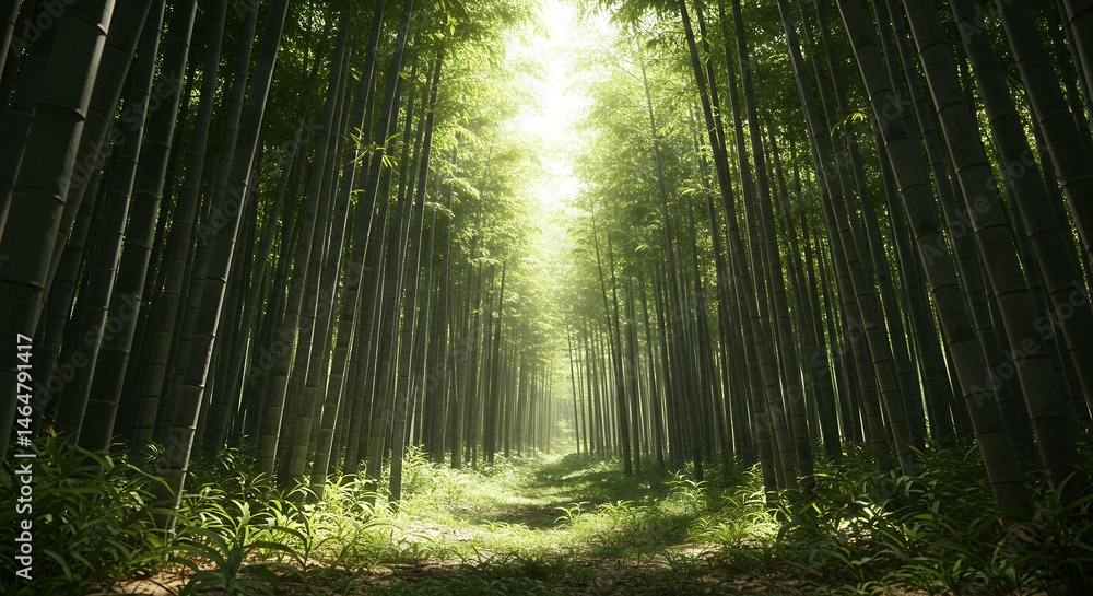 Fototapeta premium Sunlit Path Through Dense Bamboo Forest Lush Green Undergrowth Serene and Peaceful