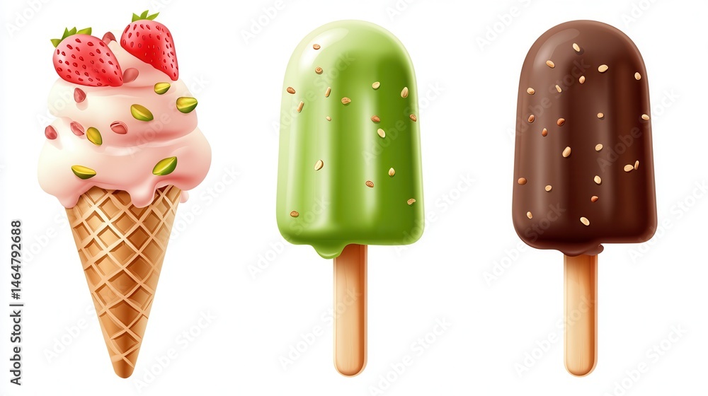 Ice cream realistic. Popsicle pistachio, strawberry and vanilla. Eskimo with chocolate. Cafe food, cold milk dessert with nuts, flavor dairy. Waffle cones and sticks, vector isolated icons restaurant Ice cream realistic. Popsicle pistachio, strawberry and vanilla. Eskimo with chocolate. Cafe food, cold milk dessert with nuts, flavor dairy. Waffle cones and sticks, vector isolated icons restaurant