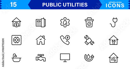 Essential Public Utility Icons. Clean Line Art Symbols, Stylish Vector Icons for Power, Water, and City Systems