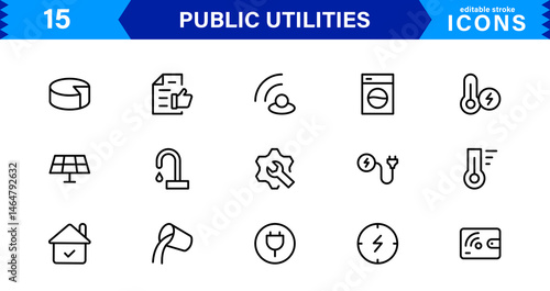 Essential Public Utility Icons. Clean Line Art Symbols, Stylish Vector Icons for Power, Water, and City Systems