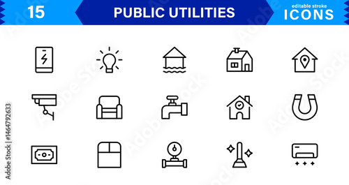 Essential Public Utility Icons. Clean Line Art Symbols, Stylish Vector Icons for Power, Water, and City Systems