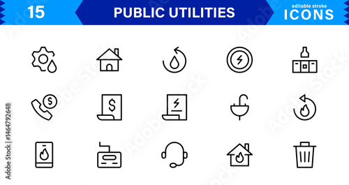 Essential Public Utility Icons. Clean Line Art Symbols, Stylish Vector Icons for Power, Water, and City Systems