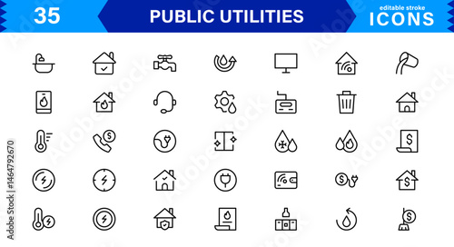 Essential Public Utility Icons. Clean Line Art Symbols, Stylish Vector Icons for Power, Water, and City Systems