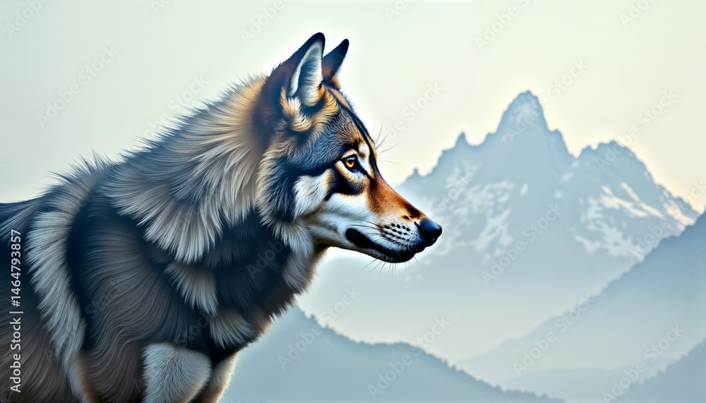 Wolf gazing at majestic mountains in soft natural light