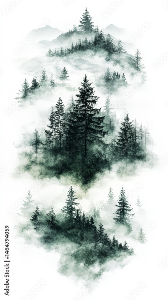 Obraz premium Watercolor foggy forest with mist and trees, evoking mystery and serenity
