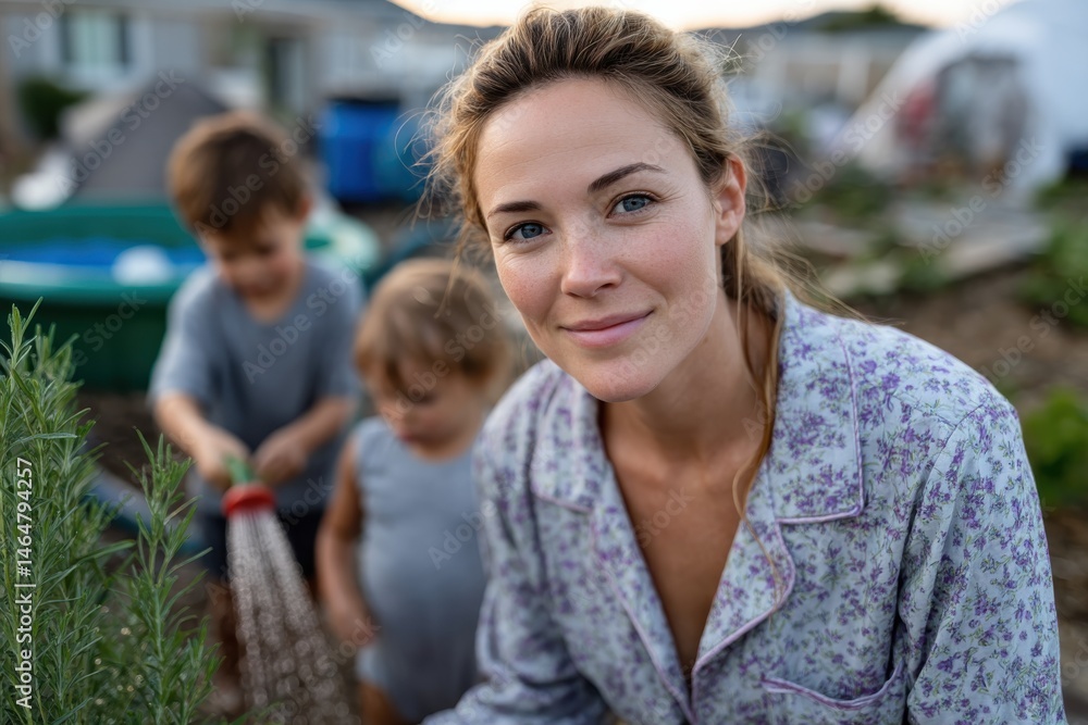Fototapeta premium A captivating image of a mother engaged in gardening work with children playing in the background, emphasizing the joys of nurturing both plants and family in a natural setting.