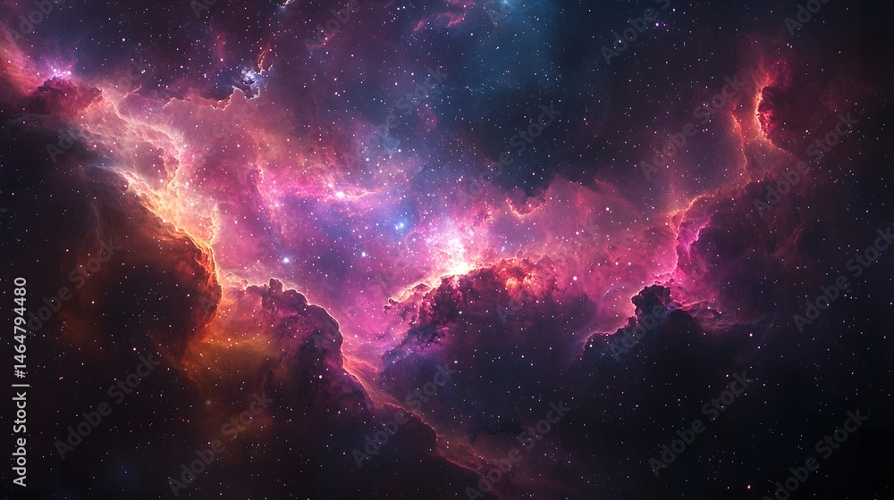 Obraz premium Pink and red nebula with starry background and cloud-like structures in deep space