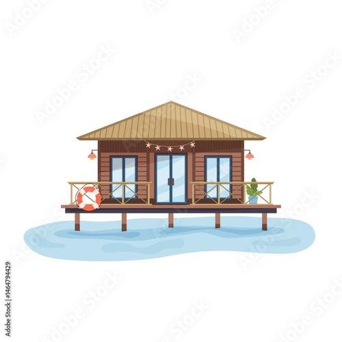Cozy wooden overwater bungalow building in flat style. Summer house. Suburban life. Isolated clipart on white background for tropical vacation, eco-living, travel concepts. Vector illustration