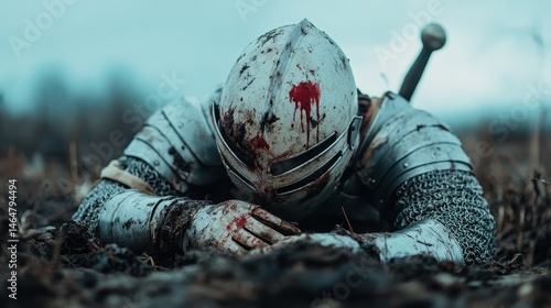 A bloodied knight in armor lies defeated on the battlefield, evoking feelings of loss and despair, encapsulating the harsh realities of combat and the cost of war.