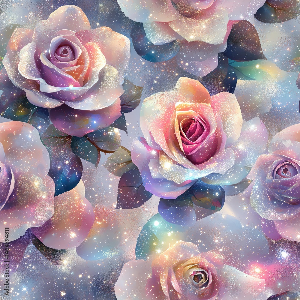 Seamless pattern. A vibrant floral pattern featuring ethereal, colorful roses in a dreamy background.