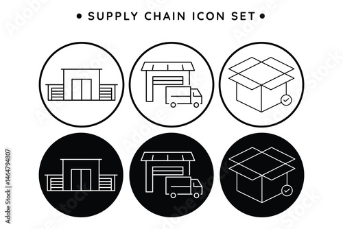 Chain supply icon set, warehouse logistics, delivery truck, shipping, distribution, storage, transport, cargo freight, package, inventory export import management vector illustration.