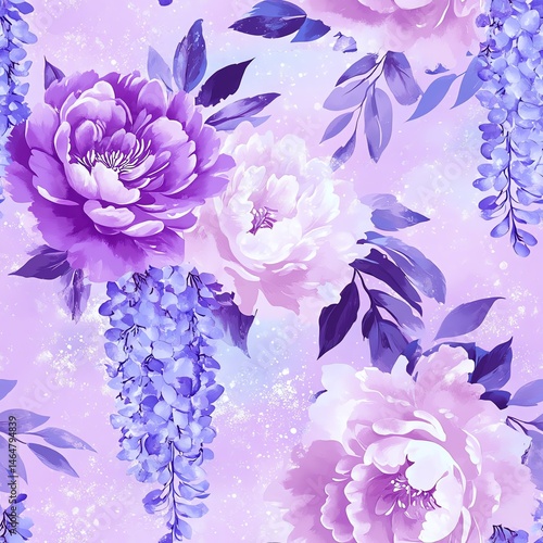 Seamless pattern. A vibrant floral pattern featuring purple peonies and wisteria blossoms.