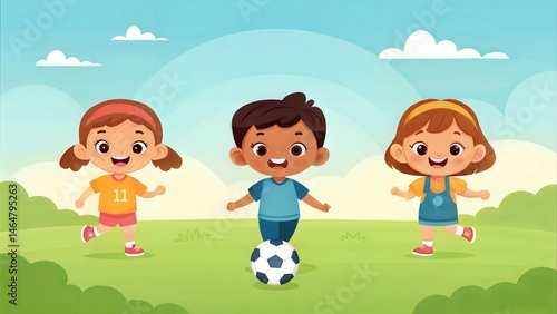Group of children playing soccer together outdoors during summer. Concept of fun and family activity