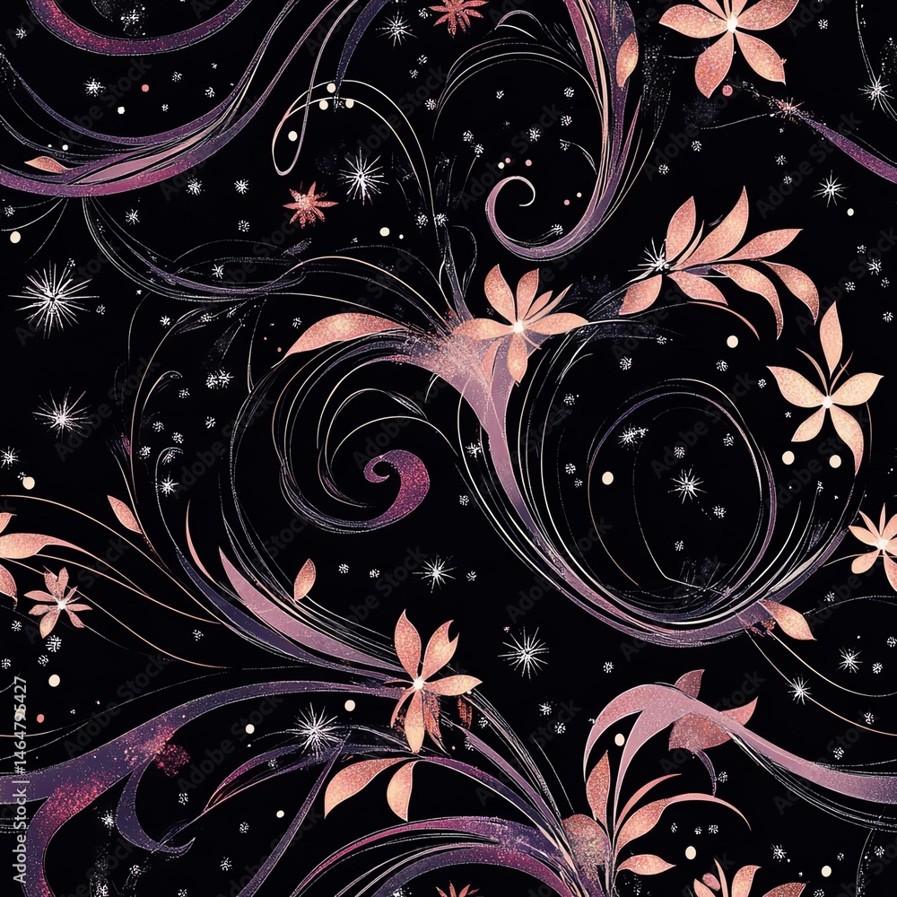 Seamless pattern. A vibrant floral pattern with swirls and stars on a dark background, perfect for design.